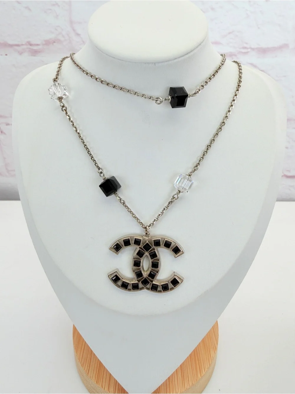 Chanel Layered Long Necklace in Silver-Tone Metal and Crystal Beads